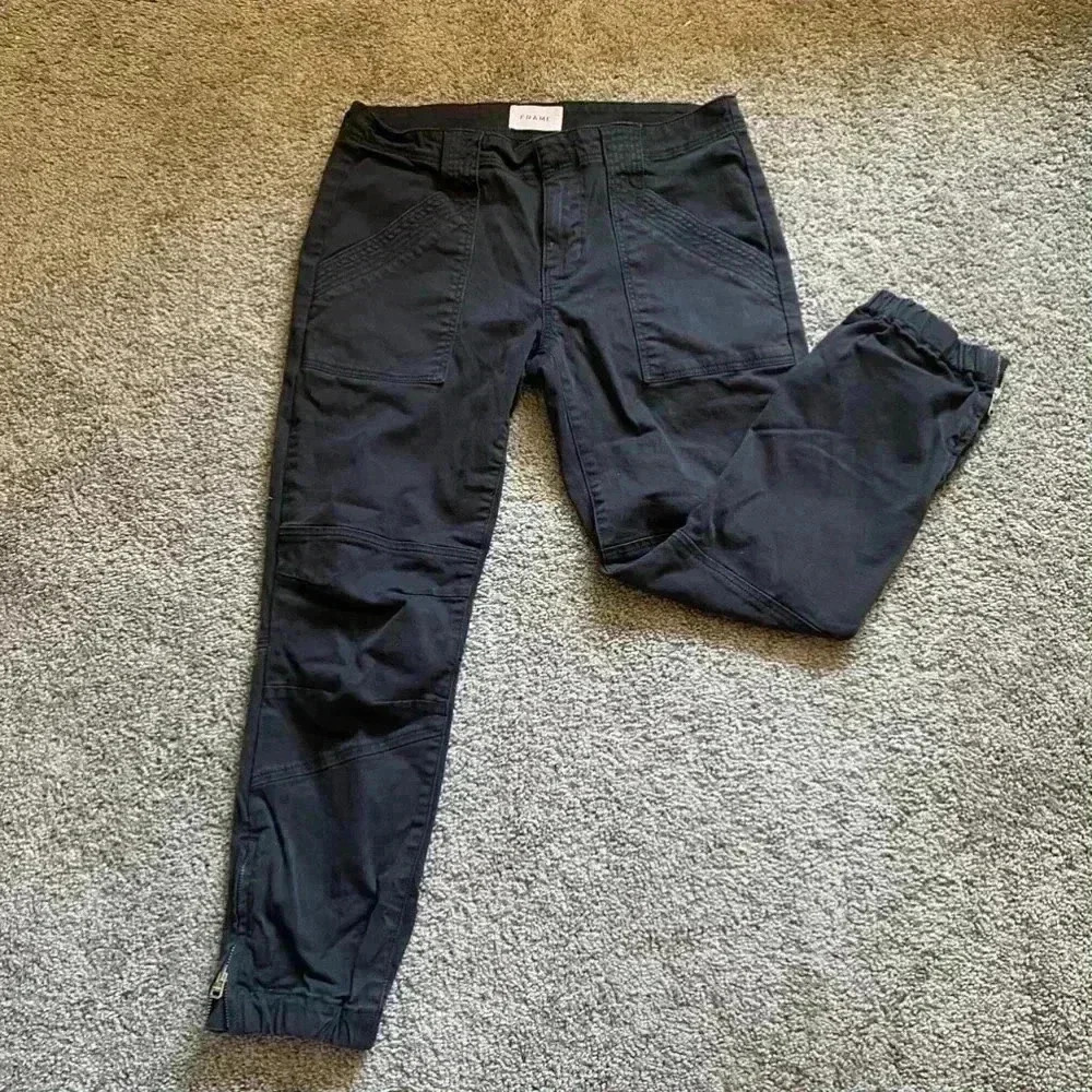 Frame Banded Bottom Trapunto‎ Moto Pants Joggers Womens 26 Washed Black Cuffed